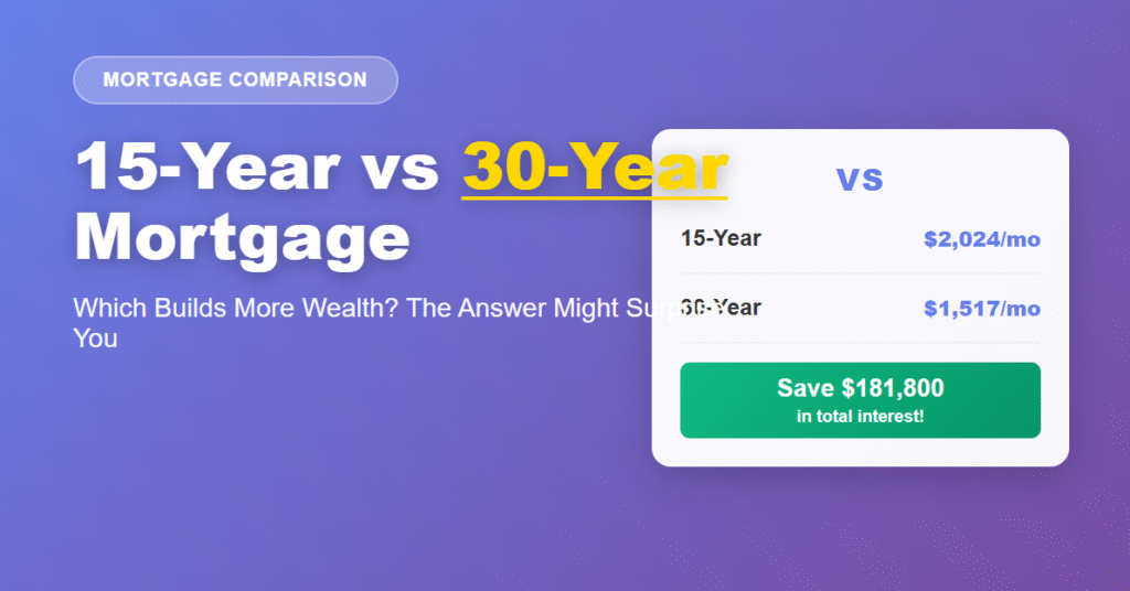 Comparison chart showing 15-year vs 30-year fixed-rate mortgage costs and wealth building potential